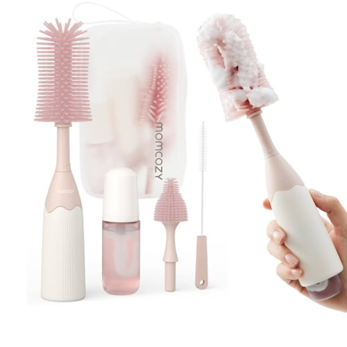 Momcozy Bottle Brush Kit, Innovative Push-Press Design for Better Cleaning - Baby Bottle Cleaner Brush for Baby Bottle, Breast Pumps, Nipples, and More - Can Generate Foam for Better Cleaning, Pink