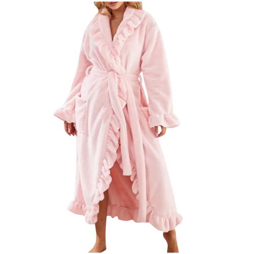 Women's Fleece Robe Ultra Soft Ruffle Ankle-Length Bathrobes Fashion belt Sleepwear Robes with Side Pockets Elegant Nightgown Warmth Cozy Frilly Loungewear for Daily