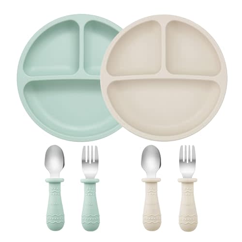 PandaEar Baby Feeding Set| 2 Pack Silicone Divided Suction Plate, 2 Set Toddler Spoons & Forks| Baby Led Weaning Supplies Self Feeding Eating Utensils