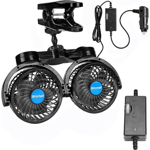 12V Car Clip Fans, Adjustable Dual Head Clip Fan 360° Rotatable Cooling Air Fan, 4'' Electric Auto Car Fans with Cigarette Lighter Plug for Vehicles, RV, SUV