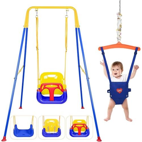 4-in-1 Swing Set & Baby Jumper and Bouncer for Toddler, Heavy Duty Baby Swing Set with Foldable Metal Stand for Indoor & Outdoor Play (Blue)