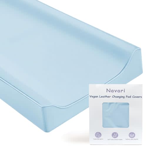 Vegan Leather Changing Pad Cover - 31"X 16" - Waterproof Wipeable, Extra Thick & Portable & Non-Slip Diaper Mat - Fits Standard Changing Tables for Baby Boy Girl (Blue) (NO Pad Included)