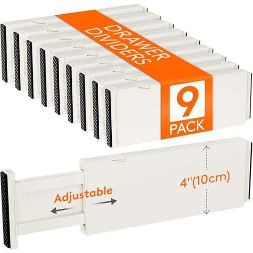 Lifewit 9 Pack Drawer Dividers 4" High, 11-17" Adjustable Drawer Organizers for Clothes, Expandable Dresser Separators in Bedroom/Bathroom/Kitchen/Fridge/Office Organization and Storage, Beige