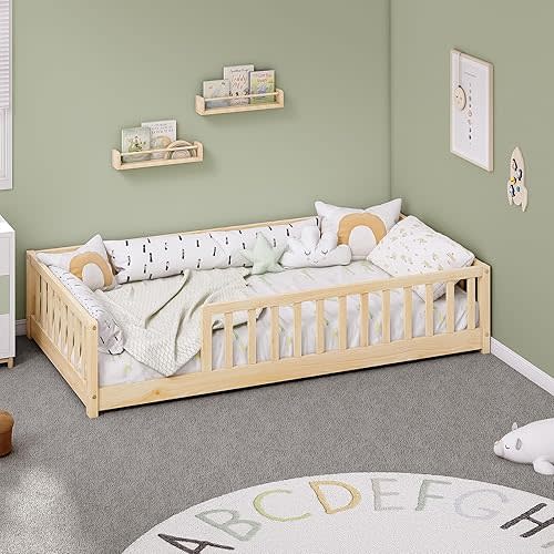 Twin Montessori Floor Bed with Rails, Solid Wood Floor Bed Frame for Kids, Montessori Bed with Slats, No Box Spring Needed, Natural