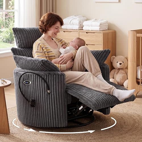 Power Nursery Glider Recliner with USB Port, 300° Swivel Rocking Chair with 4" Height and 55° Angle Adjustable Headrest, 2 Pillows and Phone Holder, 400 LBS, Corduroy, Grey