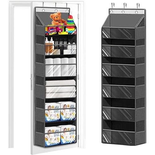 JHD Over The Door Organizer– 6 Shelf Door Organizer Hanging & 12 Side Pockets, Heavy Duty 50LB Capacity Hanging organizer, Clear Window, Behind The Door Storage for Bedroom, Nursery, Pantry (Gray)