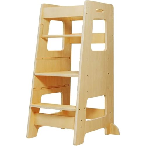WOOD CITY Wooden Kids Montessori Learning Stool Tower with Non-Slip Mat, Toddler Kitchen Step Stool Helper for Counter & Bathroom Sink, 3 Adjustable Heights, Holds up to 220LBS (Natural)