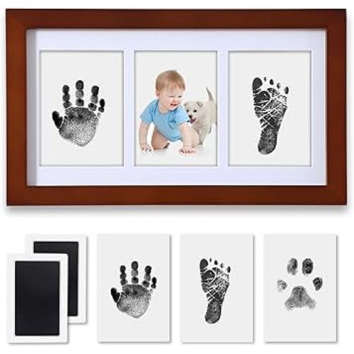 Hand and Footprint Kit,Inkless Handprint Kit with 2 Safe Clean-Touch Ink Pads and a Wooden Picture Frame, Gifts for New Parents, Shower-Walnut