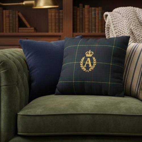 Personalized Initial Tartan Plaid Pillow Case, Crest Monogrammed Luxury Cushion Cover Heritage Home Decor