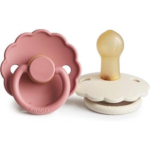 FRIGG Daisy Natural Rubber Baby Pacifier | Made in Denmark | BPA-Free (Powder Blush/Cream, 0-6 Months) 2-Pack