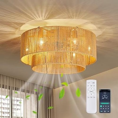 Boho Ceiling Fan with Light Rattan Flush Mount Ceiling Fans with Remote Control 20 Inch Enclosed 7 Speeds for Bedroom Living Room Kitchen Farmhouse Dining Room
