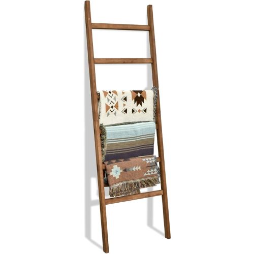 FUIN 6.4ft Extra Wide Wooden Blanket Ladder Living Room Decorative Wal Leaning Farmhouse Quilt Display Holder Rustic Wood Towel Rack for Bathroom, Brown, 24 inch Wide