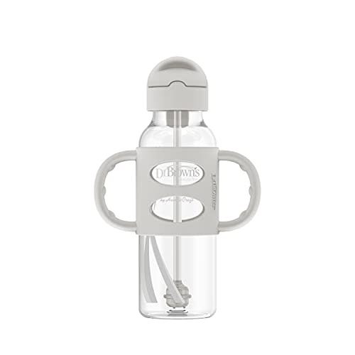 Dr. Brown's Milestones Narrow Sippy Straw Bottle, Spill-Proof with 100% Silicone Handles and Weighted Straw, 8 oz/250 mL, Gray, 6m+ - 1 Pack, Gray