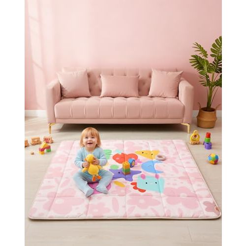 Baby Play Mat, Foldable Play Mats for Floor, 50x50 Inches Crawling Mat for Playpen with Anti-Slip Bottom, Machine Washable, Thicken Padding Foam Playmats for Babies and Toddlers (Pink Floral)