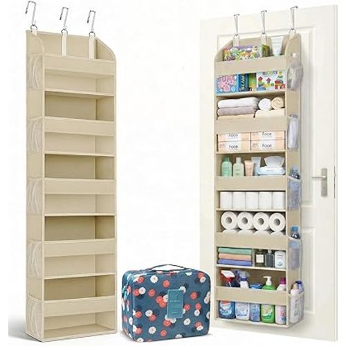 Over the Door Organizer with Toiletry Bag - 5 Shelf Hanging Organizer with 5 Large Pockets - Heavy Duty Storage for Bedroom, Bathroom, Pantry, Nursery (Beige)