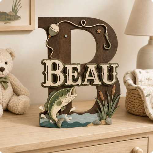 Personalized Fishing Name Sign, Layered Wood Initial Decor for Baby Boy Nursery, Bass Fisherman Gift, Bass Fisherman Gift