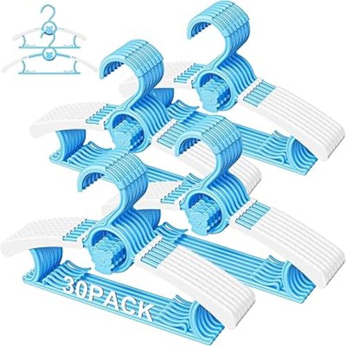 30 Pack Kids Hangers for Nursery Closet, Adjustable Non-Slip Toddler Baby Hangers with Windproof Buckle, 11-14" Infant Child Plastic Clothes Pant Hanger for Boys Girls Newborn Adult, Blue