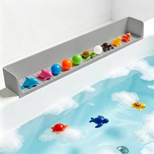 Bathtub Splash Guard with Suction Cups, Silicone Bath Tub Side Tray, Toy Holder Shelf for Bathroom Storage and Water Spill Prevention (Grey)
