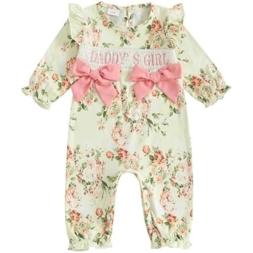 Traje de otoño para bebé recién nacida, diseño floral, con volantes, manga larga, lazo, mameluco para invierno