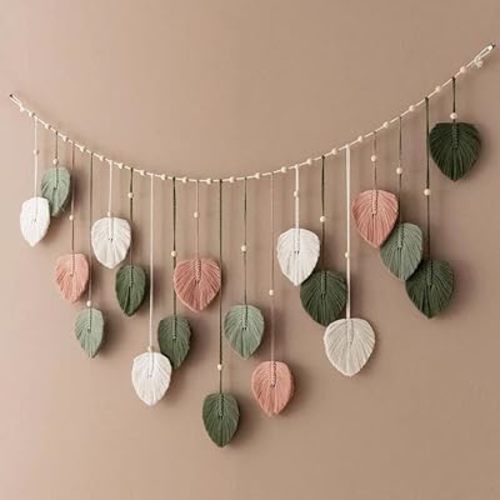 Macrame Leaves Wall Hanging 57x29.5Inch Large Chic Feather Boho Macrame Wall Decor Leaf Hanging Photo Display Handmade Woven Wall Art 19pcs Leaf Tapestry - Pink Green (Pink Green - 57*29.5in)