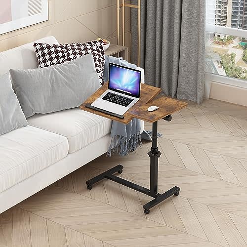 TigerDad Overbed Bedside Desk Mobile Rolling Laptop Stand Tilting Overbed Table with Wheels Height Adjustable Tray Table for Laptop Bed Sofa Side Table (Rustic Brown)