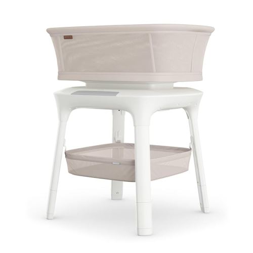 UPPAbaby Soma Smart Bassinet – 5 motions + 5 speeds + 4 Sounds with MotionSync Technology – Height Adjustable – Included Mattress, Sheet + Storage Basket – Charlie (Sand Mélange)