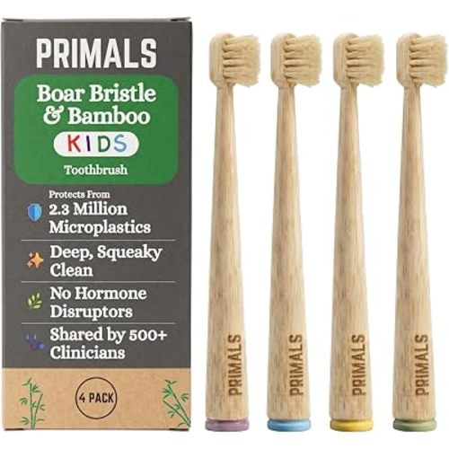 PRIMALS Kids Boar Bristle & Bamboo Toothbrush (4-Pack) - Healthy Boar Bristles - Zero Microplastics - Fully Biodegradable - Quick Dry Design