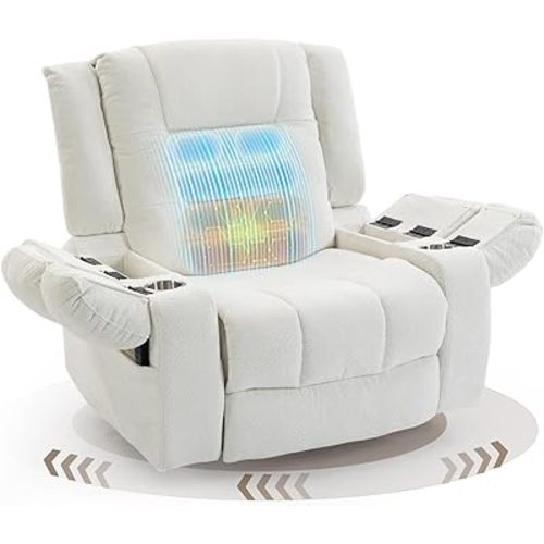 SINCRUMI Power Recliner Chair with Airbags Massage & Heat, Swivel Glider Rocking Chair with USB and Type C Port Charger, Armrest Storage, Cup Holder for Living Room, Nursery, White