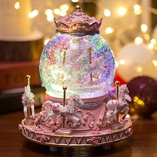 LOVE FOR YOU Gift-Wrapped Musical Snow Globe Carousel Music Box Color Lights Horses Unicorn Decor Gifts for Girls and Daughter Granddaughter Niece Women Kids Christmas Birthday