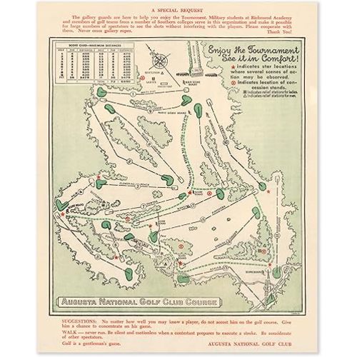 Vintage Masters Golf Augusta National Wall Art Course Map 1954 Golf Decor - Golf Wall Art Poster Golf Pictures Wall Decor for Your Office or Home - Masters Golf Merchandise Golf Art 11x14 Print