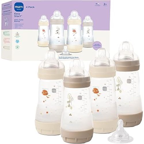 MAM 9oz Easy Start Anti-Colic Wide Neck Baby Bottle, Medium Flow Breastfeeding-Like Nipple, Reduces Colic Gas & Reflux, Easy to Clean, BPA Free, 2+ Months, Bonus Fast Flow Nipple, 4 Pack