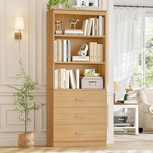 FOTOSOK 71" H Bookshelf with Drawers, Bookshelf and Bookcase with 3-Tier Open Shelves, Tall Bookcase Wooden Shelf Storage Cabinet for Home Office, Natural