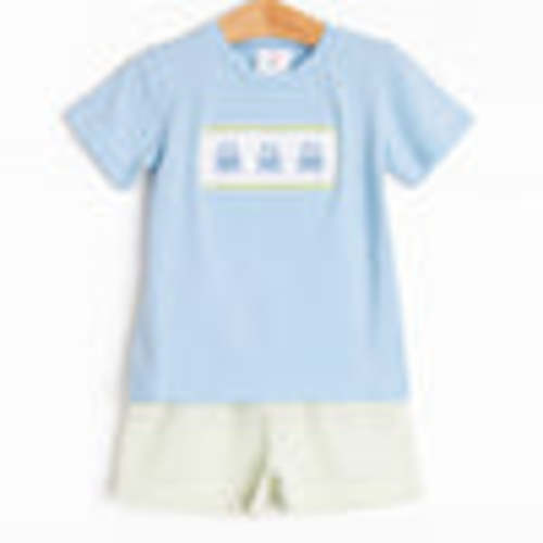 Seaside Shuffle Smocked Short Set, Green Seersucker – Stitchy Fish
