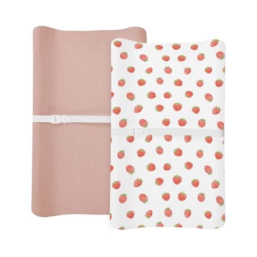 Changing Pad Cover for Baby Boy Girl 2 Pack, Muslin Changing Table Pad Covers with Boho Style, Neutral Nursery Bedding Essentials Soft and Breathable (Strawberry & Pale Pink)