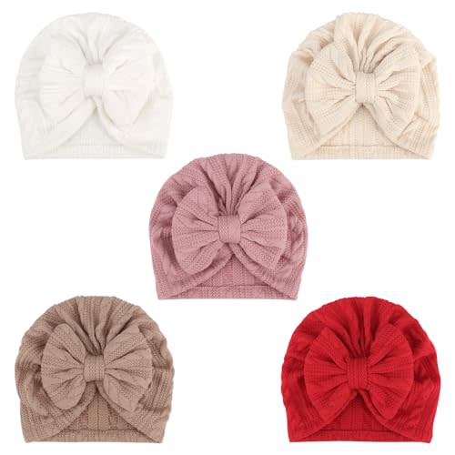DRESHOW BQUBO 5 Pieces Newborn Baby Turban Hats Bow Baby Infant Beanie Breathable Toddler Cap for Baby Girls