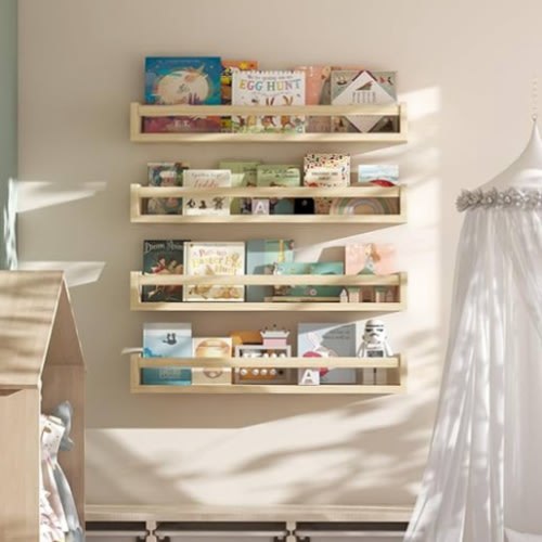 Onlysky Set of 4 Wall-Mounted Kid's Bookshelf - Wood Floating Nursery Book Shelves - Durable Wood Construction - Ideal for Nursery Decor, Kids Room, Toy Storage