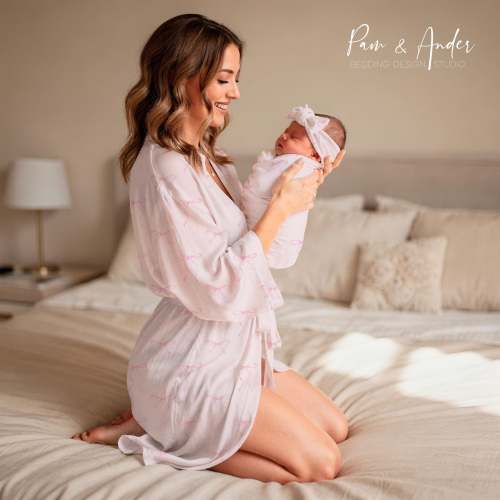 Pink Bow Pattern, Matching Mom and Baby Set, Baby Swaddle, Mom to be Robe, Newborn gift, Baby Shower Gift, Mother's Day Gift