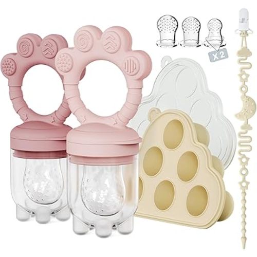 2 Pack Baby Fruit Food Feeder+Breastmilk Popsicle Molds,Baby Teethers,BPA Free,2mm Fine Holes to Prevent Choking,Perfect for Teething Relief & Infant Solid Food Introduction,3M+（Mauve Pink, Soft Pink）
