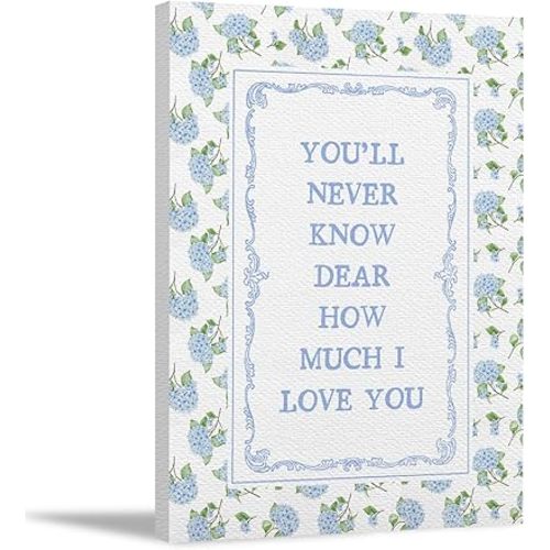 FWSFD Blue Hydrangea Floral Nursery Wall Art Decor Framed, Floral Nursery Decor, Vintage You'll Never Know Dear How Much I Love You Canvas Prints Artwork for Kids Baby Room Bedroom, 12x16 Inches
