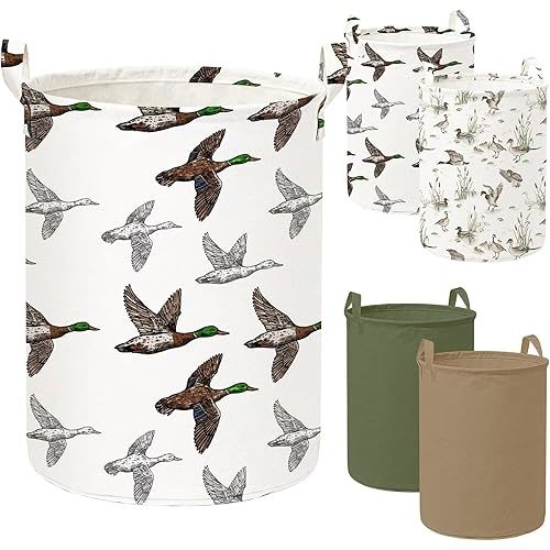 Weysat 4 Pcs Mallard Duck Laundry Basket Round Laundry Hamper Waterproof Collapsible Toy Clothes Storage Bin Organizer with Handles for Home Closets Offices Bedrooms Nursery Room Decor