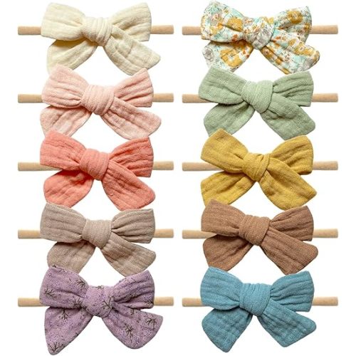 Cherssy Muslin Hair Bows and Headbands for Baby Girls, 10pcs Soft Nylon Hairbands for Newborn, Infants, Toddlers