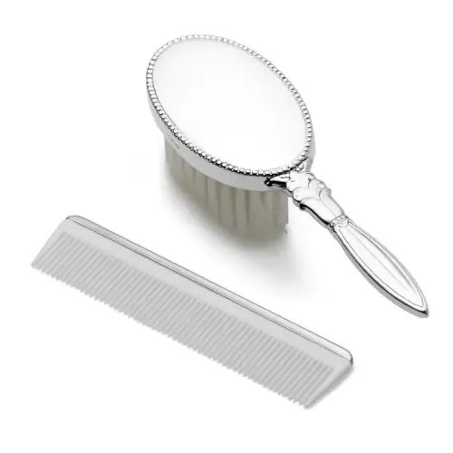 Empire Oval shaped Beaded Girls Sterling Silver Brush and Comb Set