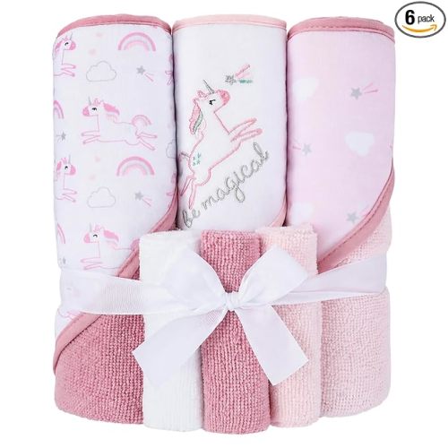 Viviland Baby Towels and Baby Wash Cloths Set Hooded Baby Towels Baby Wipes Absorbent Bath Face Towels Burp Cloths or Face Towels for Girl Boy 6-Pack Size 28 x 28 Inch(Unicorn Rainbow)