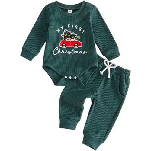 Kupretty Baby Boy Clothes Daddy's Mini Waffle Romper Pant Set | 3 6 12 18 Months Boys Clothing Set Fall Winter Outfit Embroidery Long Sleeve Bodysuit & Matching Joggers Infant Set