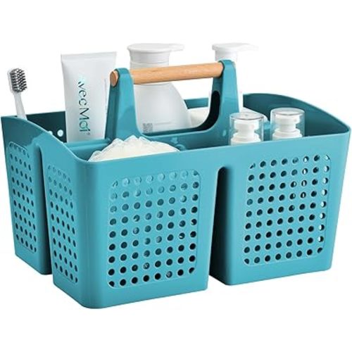 Portable Shower Caddy Basket with Compartments, Plastic Divided Cleaning Caddy Organizer Storage Tote with Handle for Bathroom, College, Dorm Room Essentials, Green