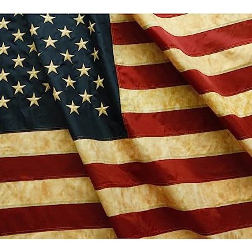 ANLEY Vintage Style Tea Stained American Flag 3x5 Foot - Embroidered Stars and Sewn Stripes - 4 Rows of Lock Stitching - Antiqued US National Banner Flags with Brass Grommets 3 X 5 Ft
