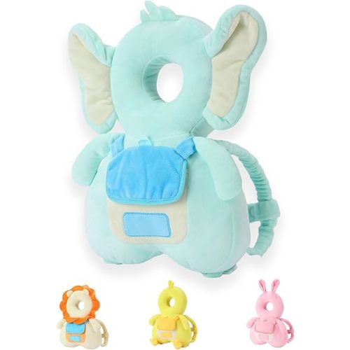 JunNeng Baby Head Protector Backpack with Squeaker，Toddler Head Safety Protection Cushion, Light Blue Elephant