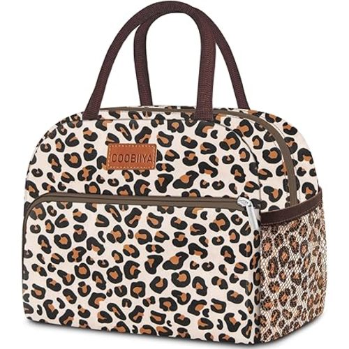 Coobiiya Lunch Bag box for Women, Small Cute Leakproof Lunch Pail Large Capacity Reusable Insulated Cooler Lunch Container for Work/Office/Picnic/Beach - leopard