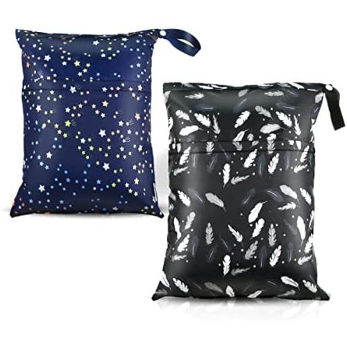 2 Pcs Waterproof Reusable Wet Dry Bag for Diaper Baby Cloth Gym Clothes Washable Travel Bags for Beach Pool Swimsuits Pockets with Two Zippered Dirty Diapers Stroller Yoga Toiletries Daycare Organizer