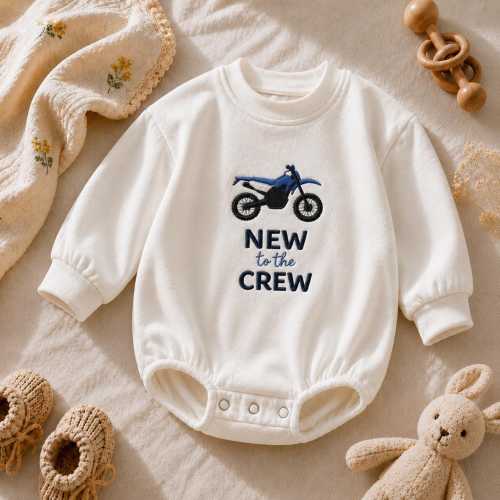 New To The Crew Dirt Bike Embroidered Baby Romper | Motocross Coming Home Outfit